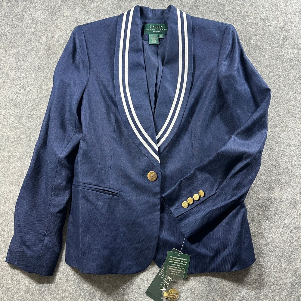 Lauren Ralph Lauren Blazer Womens 8P Navy Blue Linen Nautical Shawl Collar NEW
